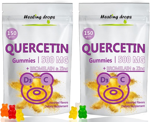 [BRSW2HA7CUFR4G3D] Quercetin with Bromelain Gummies - Vitamin C + Zinc + Vitamin D3 - Quercetin 500mg Gummies for Kids and Adults (2 Packs)