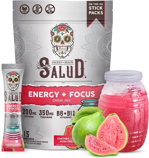 [BRSRMGI7BN6W2HI6] Salud 2-em-1 Beber Energia Pó + Foco, Goiaba, Cafeína orgânica, B6 + B12, Theanina, Pacotes de bebida de energia limpa, Guayaba Agua Fresca Mix, Não-GMO, Glúten Livre, Vegan, 1g de açúcar, (15 Serve)