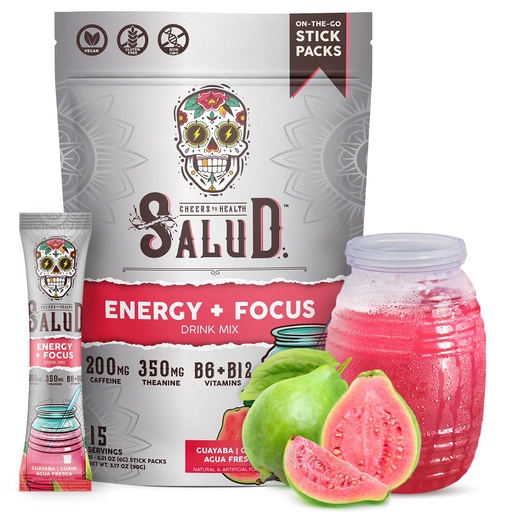 [BRSRMGI7BN6W2HI6] Salud 2-in-1 Energy Drink Powder + Focus, Guava, Organic Caffeine, B6 + B12, Theanine, Clean Energy Drink Packets, Guayaba Agua Fresca Mix, Non-GMO, Gluten Free, Vegan, 1g of Sugar, (15 Servings)
