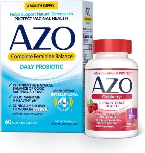 [BRSRMYAPOEPWC3L5] AZO Complete Feminine Balance Daily Probiotics for Women (60 Count) + Cranberry Softgels for Urinary Tract Health (100 Count)