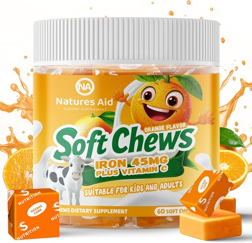 [BRSRAHYCAUFGOGTU] Chewable Iron Supplement for Women & Men and Kids - Orange Flavor, Iron Vitamin C Soft Chew for Max Absorption, Iron as Ferrous Fumarate, Ideal for Iron Deficiency, 2 Month Supply