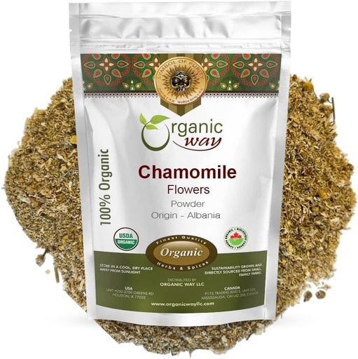 [BRSW2GDYCEMQ4A3J] Organic Way Chamomile Flowers Powder (Matricaria chamomilla) Herbal Tea - European Wild-Harvest | Organic & Kosher Certified | Non GMO | USDA Certified | Origin - Albania (1/4 LB - 4 Oz)