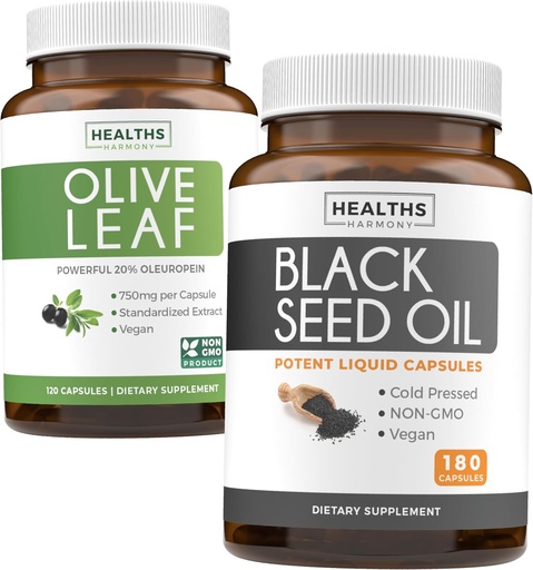 [BRSRAY37DF7WAYDD] Olive Leaf & Black Seed Oil (3-Month Supply) Leaf & Seed Bundle of Olive Leaf Extract (120 Capsules) Super Strength and Black Seed Oil (180 Capsules) Cold pressed Nigella Sativa Cumin Seed