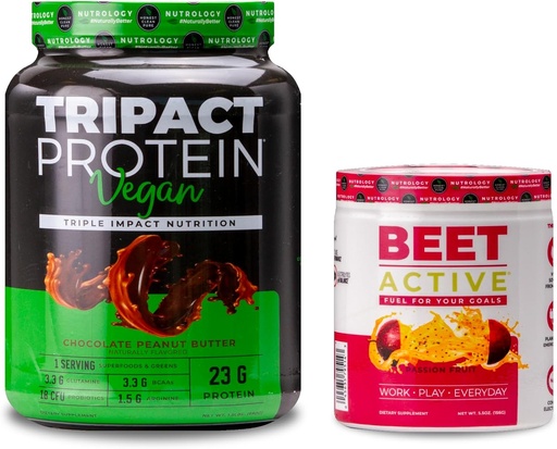 [BRSRAZYTBEJROADX] Nutrology TRIPACT Vegan Protein Powder, for Vegan Protein Shakes, Chocolate Peanut Butter (20 Servings) & Beet Active, Passion Fruit Flavor (30 Servings)