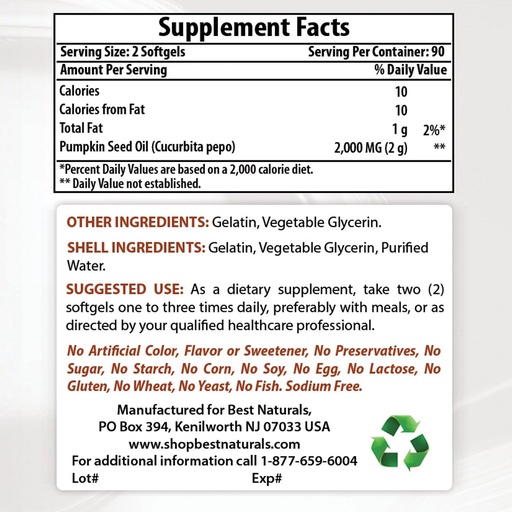 [BRSRMBAHOABQOAIU] Best Naturals Pumpkin Seed Oil 1000 mg " Vitamin B1 as Thiamine Mononitrate 100 mg