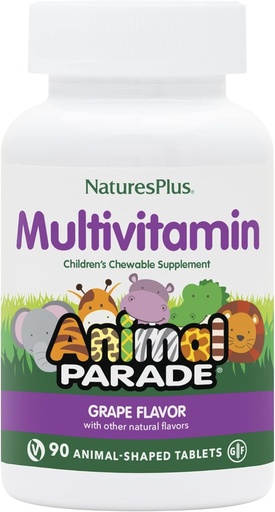 [BRSWIYTYCUOGCF3G] Natures Plus Animal Parade Kinder Chewable Multivitamin - Grape Flavor - 90 Animal-Shaped Tablets - Fördert Gesundheit und Wohlbefinden - Vegetarisch, Glutenfrei - 45 Servietten