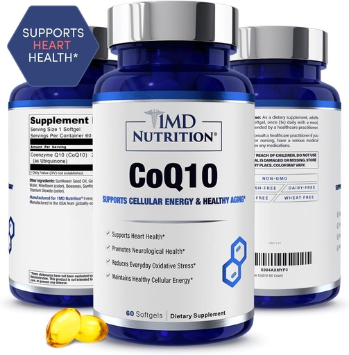 [BRSRA2QNOAFROF3B] 1MD Nutrition CoQ10 - for Heart Health & Cellular Energy Production - Health Supplement for Men & Women - Coenzyme Q10 Softgel - 60 Days