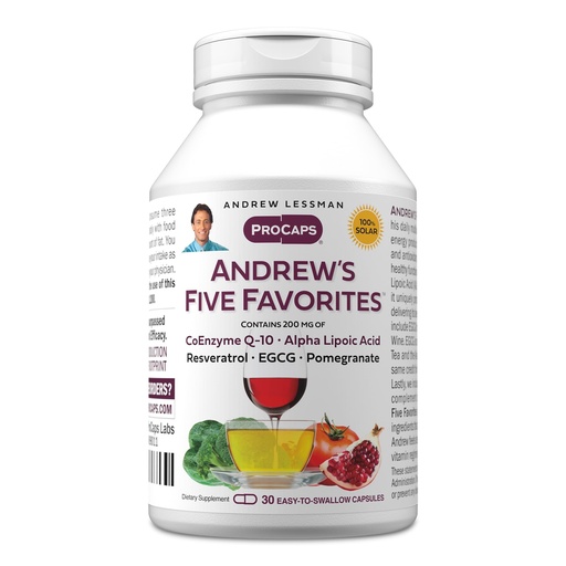 [BRSWKHD7CUAQG3QZ] ANDREW LESSMAN Andrew's Five Favorites 30 Capsules - Provides 200mg Each of Coenzyme Q-10, Resveratrol, EGCG, Pomegranate and Alpha Lipoic Acid, Powerful Anti-Oxidant Support, No Additives