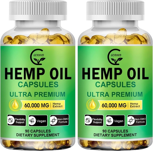 [BRSROEDYCANBSCL7] (2-Pack) High Potency Hennep Oil Capsules - 180 Veggie Softgels - 60.000 Maximale sterkte, Immuunsysteemondersteuning, Focus Kalm, Ontspanning, Mood, Pure Extract, Organisch, Veganistisch, Non-GMO