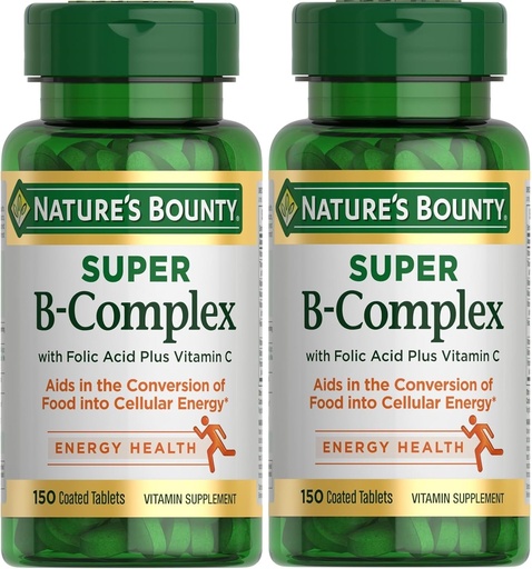 [BRSWGGTQBEIBUDYZ] Nature's Bounty Super B Complex with Vitamin C & Folic Acid, Immune & Energy Support, 150 Tablets - Pack of 2