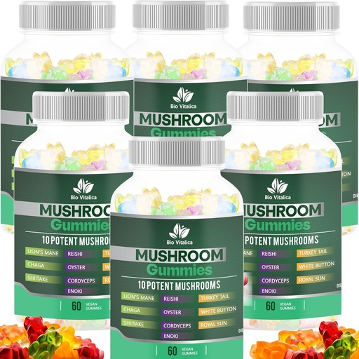 [BRSROZIQA5YWAFDJ] BIO VITALICA Mushroom Gummies - 10 perretxiko-multzo Lion's Mane, Reishi, Chaga, Cordyceps & More - Fruity Vegan Gummies - Ez-GMO, Gluten-Free, Plant-Based - 6 Pack