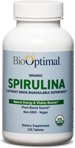 [BRSWKFDQO56BGCLG] BioOptimal Organic Spirulina Tablets - Organikoa, Ez-GMO, Ez Gehigarririk edo Betegarririk - 500mg Premium Kalitate Osagarria Bitaminekin, Mineralekin eta Antioxidatzaileekin (120 Tablet)