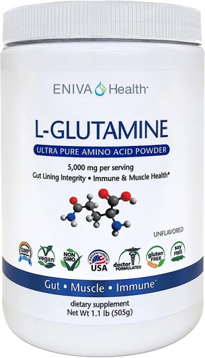[BRSWGAYFOAHRMA3O] Eniva Health L-Glutamine Pure Powder, Unflavored (101 Servings) | Vegan, Gluten-Free, Sugar-Free, Non-GMO | Doctor-Formulated, USA Made | Gut Health, Leaky Gut, Bloating, Muscle Health, Immune System