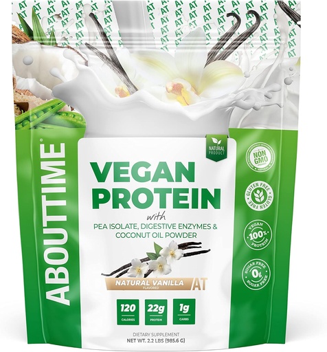 [BRSWIEIQCIGRQ3LG] About Time Vegan Protein Powder 22g Vanilla, Natural Ingredients, Non-GMO, Plant Based, Gluten Free, Soy Free, Dairy Free, 32 Servings