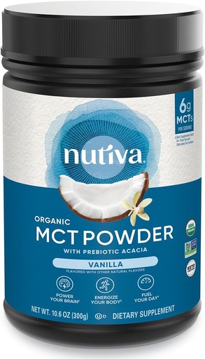 [BRSWGGAQBVYWAHTG] Nutiva Organic MCT Polvo con fibra de acacia prebiótica, vainilla, 10.6 Oz, USDA Organic, Non-GMO, Non-BPA, Vegan, Gluten-Free, Keto & Paleo, Beverage instantáneo o Boost to Coffee &amp; Smoothies