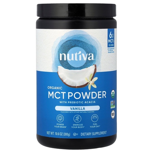 [BRSWGGAQBVYWAHTG] Nutiva Organic MCT Powder with Prebiotic Acacia Fiber, Vanilla, 10.6 Oz, USDA Organic, Non-GMO, Non-BPA, Vegan, Gluten-Free, Keto & Paleo, Instant Beverage or Boost to Coffee & Smoothies