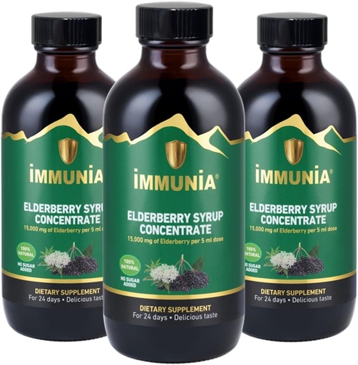 [BRSRMYAPOQPQYDLV] Immunia Elderberry Syrup Helps Strengthen The Immune System. Elderberry Concentrate with Elderflower, Thyme and Peppermint. No Sugar Added. Delicious Taste. 24 Days/Bottle. (3-Pack)