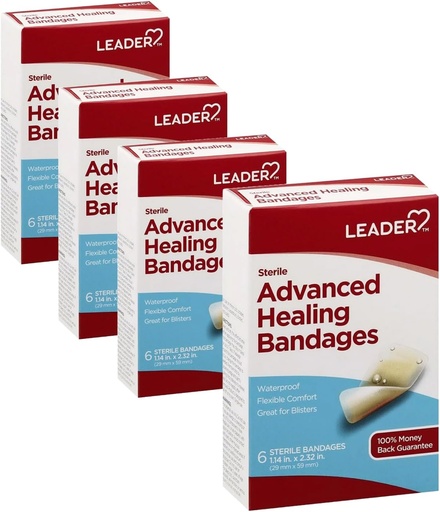 [BRSWIHL4A54GOA3I] Leader Adhesive Bandages Advanced Healing, Large One Size, 6 Count - Waterproof and Flexible - 4 Pack
