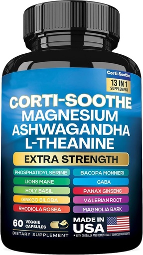 [BRSRAADYCR7RUALD] Corti-Soothe Cortisol Supplement,Magnesium Glycinate 200mg L-Theanine 150mg Ashwagandha 150mg Fosfatidyyliseriini Cortisol Mane Ginkgo Biloba Bacopa Monnierin juuri [60 Caps]