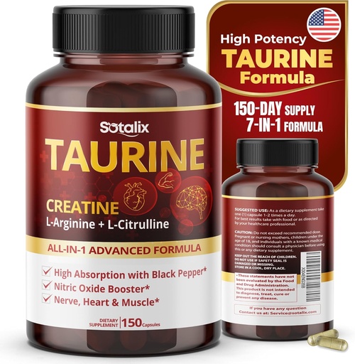 [BRSROGT3C4FAEDLD] Taurine with Creatine, L-Arginine, L-Citrulline High Absorption with Black Pepper Nitric Oxide Booster, Muscle USA Made & Tested (150 Count (Pack of 1))