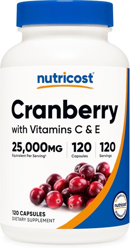 [BRSWKHD6BACAIDA6] Nutricost Cranberry Extract (25,000mg) (120 Capsules) with Vitamin C & Vitamin E