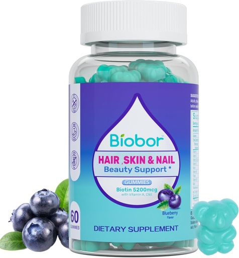 [BRSROAILBYMWCEL3] Hair Skin and Nails Vitamins Gummies,5200 mcg Biotin Vegan Chewable Supplement for Women Men with Vitamins A C D E, Blueberry Flavored, 60 Count (Random Packing)