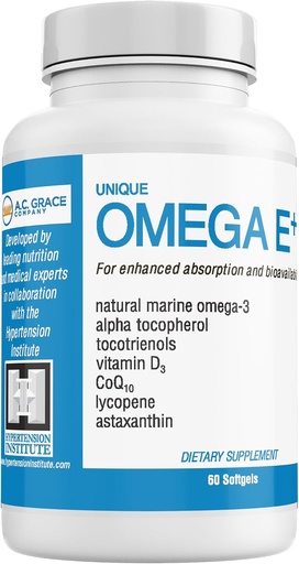 [BRSWIFARO4GWM3AV] UNIQUE E A.C. Grace Company Omega E+ - Fish Oil Supplement - with Marine Omega-3 Fatty Acids, Vitamin E, Vitamin D3, and CoQ10 - Helps Support Heart, Brain, and Skin Health - 60 Softgels