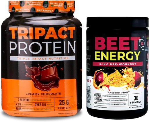 [BRSRAZD5BAAWA2YY] Nutrology Beet Natural O2, Pre Workout Powder, Passion Fruit Flavor (30 Servings) TRIPACT Protein Powder, 7-in-1 Meal Replacement Shake, Creamy Chocolate Flavor (20 Servings)