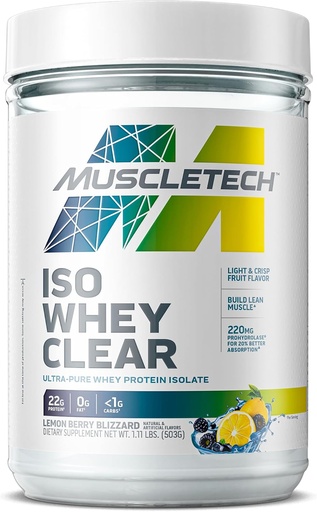 [BRSWYYANBYBBO233] MuscleTech Whey Protein Powder Clear Whey Protein solate Whey Isolate Protein Powder untuk Perempuan & Men Clear Protein Minum 22g Protein, 90 Calories Lemon Berry Blizzard, 1.1lb (19 Pelayan)
