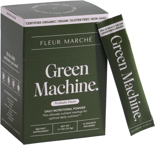 [BRSRAZATOQNRYHYZ] Fleur Marche Green Machine Super Greens Powder Packets - Organic Greens, Fruit &amp; Probiotics - Superfoods for Digestion, Energy, Microbiome Support &amp; Detox - On-The-go Green Juice - 14 Packets