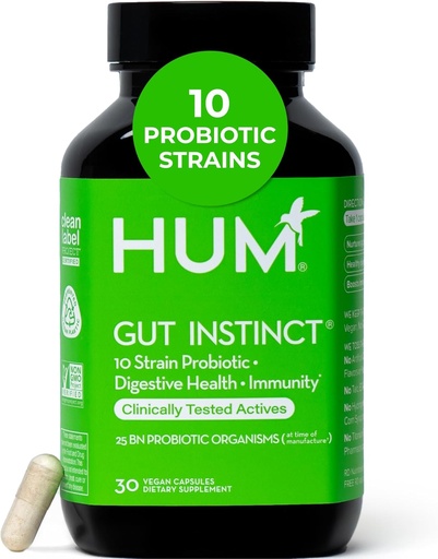 [BRSWG2Y7OIDQKYDA] HUM Gut Instinct Daily Probiotics for Women and Men, Digestive Health, Lactobacillus, Bifidobacterium Strains for Immune Support, Probiotic Supplement for Healthy Gut Diversity, 30 Capsules