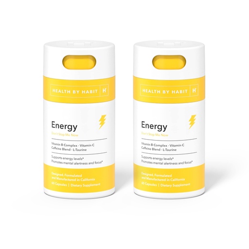 [BRSRMEDQC4IBSFDU] Health by Habit Energy Supplement 2 Pack (120 Capsules) - Natual Caffeine Blend, Vitamins B & C, Supports Energy Levels, Promotes Mental Alertness and Focus, Vegan, Non-GMO, Sugar Free (2 Pack)