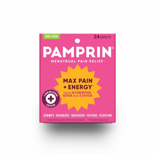 [BRSWIZQRPMBRMHTI] Pamprin Maximum Strength Max Pain and Energy Formula, Menstrual Period Symptoms Relief for Cramps, Bloating and Fatigue, 24 Caplets