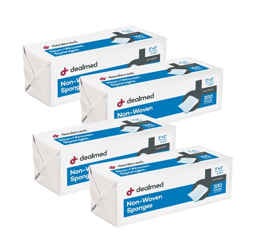 [BRSW2YYYAEFBUAYY] Dealmed 3x3 Non-Woven Gauze Sponges - 4-Ply Non-Sterile - 200 Count(4 Pack) | Cotton Material, 800 Total Pads, White Color, Low Lint Design, Low Adherence Surface, Wound Care And Dental Use