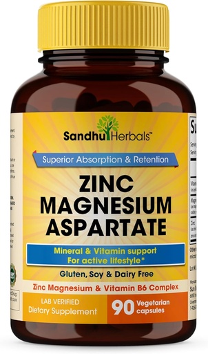 [BRSWY236AACAIEIZ] SANDHUHERBALS Zinc Magnesium Aspartate Supplement 90 Capsules| with Vitamin B6 & Zinc | High Absorption, Sleep and Immune Support | for Men & Women