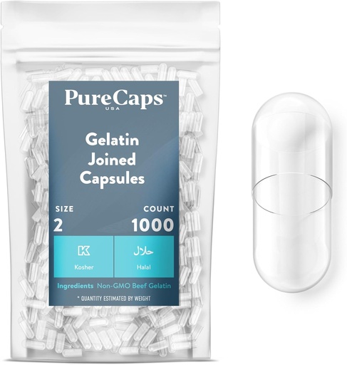 [BRSW2BIBBMFRMGY3] PureCaps USA - Empty Gelatin Capsules Storlek 2| 1000 anslutna piller | Clear | Icke-GMO-certifierad | SLS, Gluten, Konserveringsfri