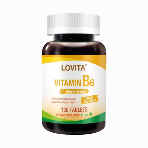[BRSRAAQROAPR4G33] LOVITA Vitamin B6 (Pyridoxine Hydrochloride) 80mg, Timed Release, 8 Hours Sustained, Support Cardiovascular & Nerve Health, 130 Vegan Tablet
