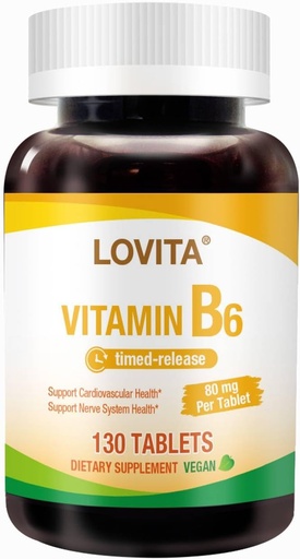 [BRSRAAQROAPR4G33] Lovita Vitamine B6 (chlorhydrate de pyridoxine) 80mg, libération dans le temps, 8 heures maintenues, soutien de la santé cardiovasculaire et nerveuse, 130 comprimés végétaliens