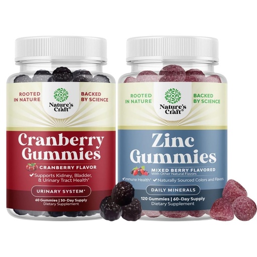 [BRSRMAI5A4HAGEY6] Bundle of Natural Cranberry Gummies for Women and Men and Extra Strength Zinc for Adults - Extra Strength Delicious Antioxidant Cranberry Chews - Chewable Zinc Citrate 50mg Immunity