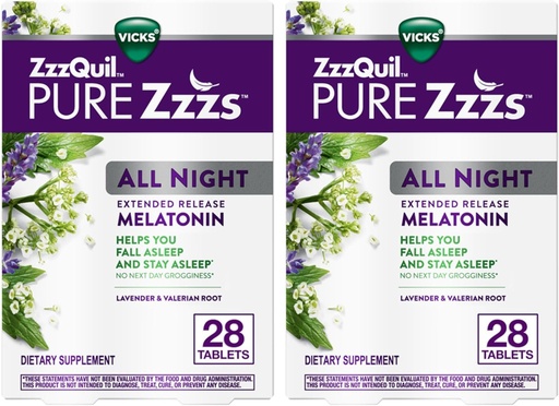 [BRSWYEA7PMCRMADV] ZzzQuil PURE Zzzs All Night Extended Release, Melatonin Sleep Aid Tablets, Helps You Stay Asleep Longer, Sleep Aid for Adults, 2 mg per tablet, 56 Total Tablets (2 Packs of 28)