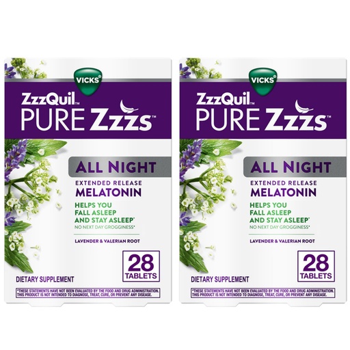 [BRSWYEA7PMCRMADV] ZzzQuil Pure Zzzs All Night Extended Release, Melatonin Sleep Aid Tablets, Helps You Stay Asleep Longer, Sleep Aid for Adults, 2 mg per Tablet, 56 Total Tablets (2 Packs of 28)