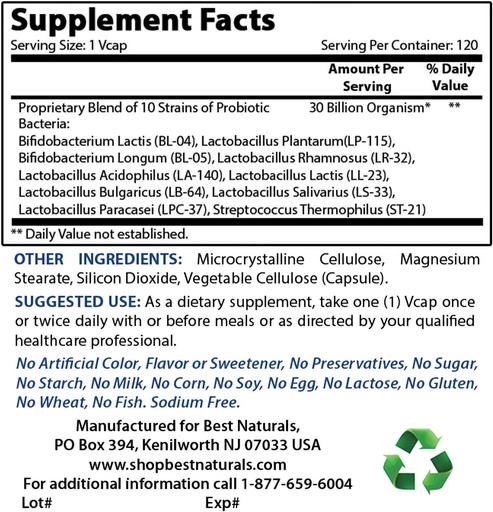 [BRSRMBAEDEFRGYIZ] Best Naturals Probiotic 10 Strains & 30 Billion CFU & Magnesium Oxide 500 mg