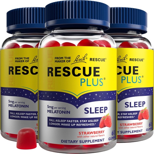 [BRSW2FIFOAHGGG3P] Bach RESCUE PLUS Melatonin Sleep Gummies, Natural Strawberry Flavor, Sleep Aid, Dietary Supplement, Vegan, Gluten-Free, No Artificial Flavors, Colors or Sweeteners, 3 Pack, 180 Count Total