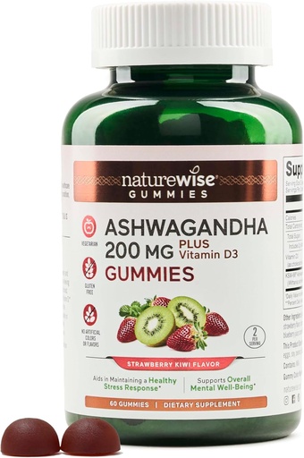 [BRSROAANOJ5GY2Y4] NatureWise Ashwagandha Gummies - Strawberry Kiwi - KSM-66 with Vitamin D3 - Calming Mood Support - Vegetarian - Non-GMO, Gelatin and Gluten Free - 60 Count[1-Month Supply]