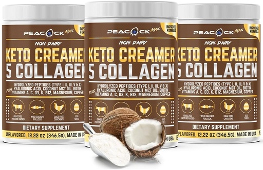 [BRSROEINCQHGMCL6] Collagen Keto Coffee Creamer Powder 12.22 oz, Pack of 3, Hydrolyzed Collagen Peptides with Coconut MCT Oil, Magnesium, Unflavored Protein Powder, Sugar Free Coffee Creamer for Smoothies
