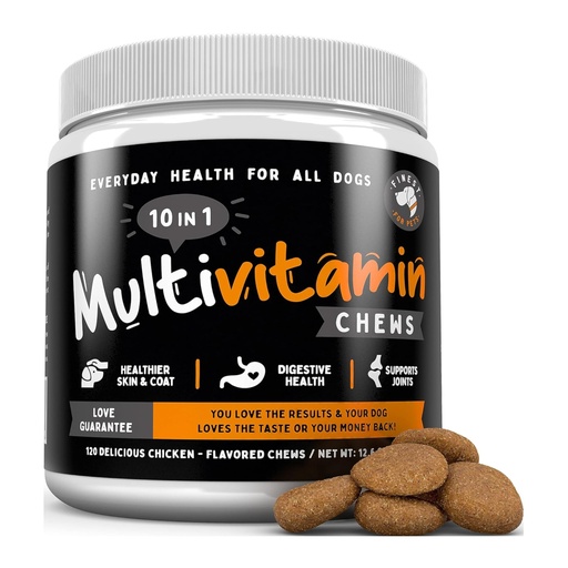 [BRSWYHA6AAFAM2TB] Finest For Pets Multivitamin Dog Supplement – 10 in 1 with Omega Fish Oil & Glucosamine for Improved Joint & Skin Support, Gut, Digestion & Immune Everyday Health (120 Chewable Treats)