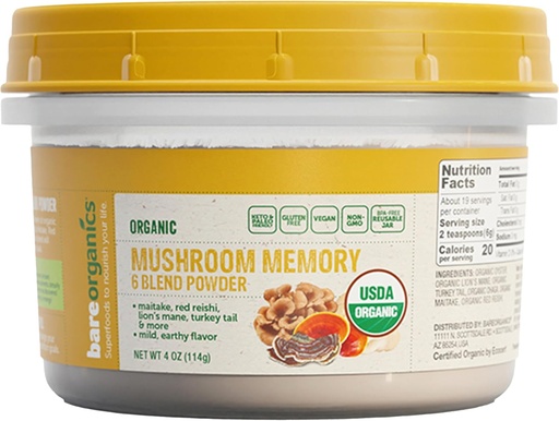 [BRSWGGAECIPBUCYY] BareOrganics Mushroom Memory Blend Powder - Organic Superfood Mushroom supplement with Lion’s Mane, Reishi, Maitake & Turkey Tail, Vegan Adaptogenic Powder - 4 oz