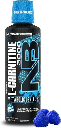NutraBio - L- Carnitine Liquid Shots - 3000mg, (Blue Razz) - 10mg witaminy B- 5 - Zero węglowodanów i cukrów - Produkcja energii - Odzysk mięśni
