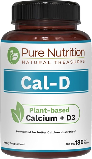 [BRSRAFA7AUNAOCQV] Pure Nutrition Cal D - Plant Based Calcium with VIT D3 K2 & Magnesium | 180 Tabs | 500mg Vegan Calcium per Serving | Algae Calcium Supplement for Bone Health