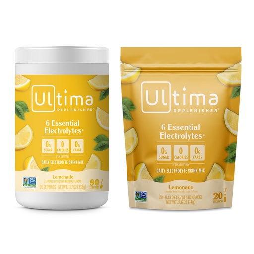 [BRSRMATQDEMBQ3L4] Ultima Replenisher Electrolyte Powder Drink Mix Bundle - Sugar Free - Lemonade, 90 Serving Canister és 20 Stickpack - 6 Electrolites and Minerals - Keto Friendly, Vegan, Non-GMO